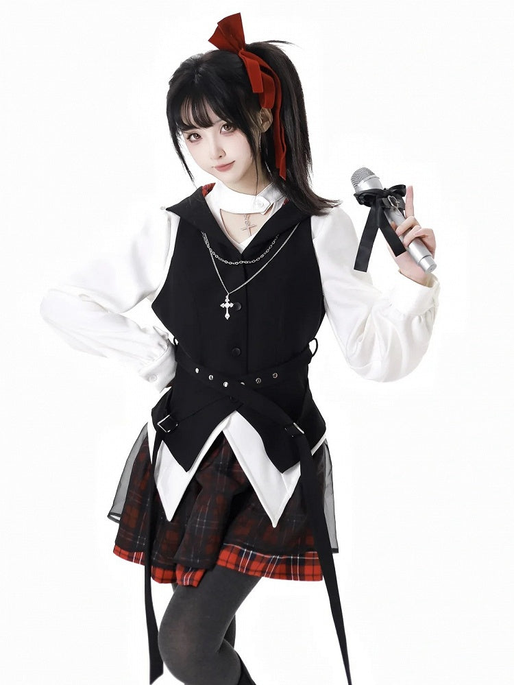 バックル付きスカート メッシュオーバーレイ レッドチェック柄ベルト ヘキサグラム刺繍アイドル