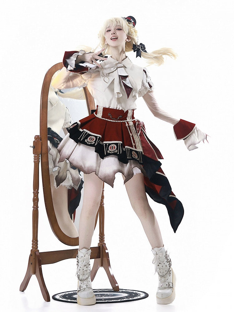 Red Black Juliette Sleeves Preppy Lolita Blouse Asymmetric Skirt Set - Unknown Star