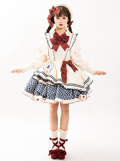 Weißes langärmeliges Strickoberteil, Schürze, blauer Rock mit Karomuster, süßes Lolita-Komplettset