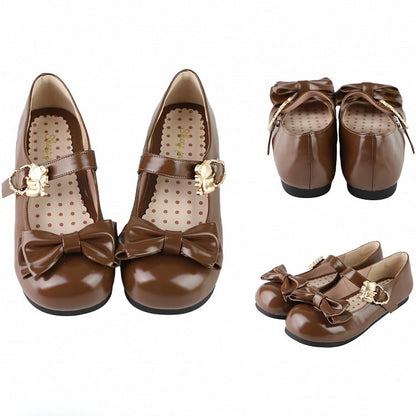 Bow Buckles Brown Hugging Top Heart Lolita Flats Sweet with Bear at
