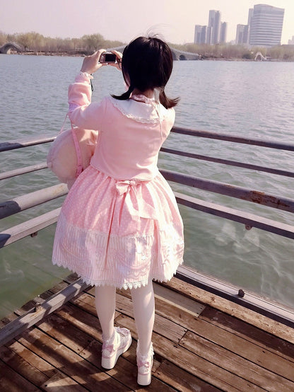 Polka Dot & Striped Pink Lolita Short Sleeve Dress with Poodle Patch - Infanta