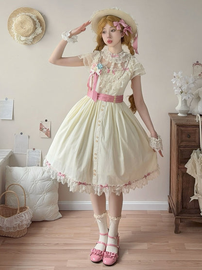 Short Lolita Dress Classic Light Version Bow with Elegant Yellow Lace and Details