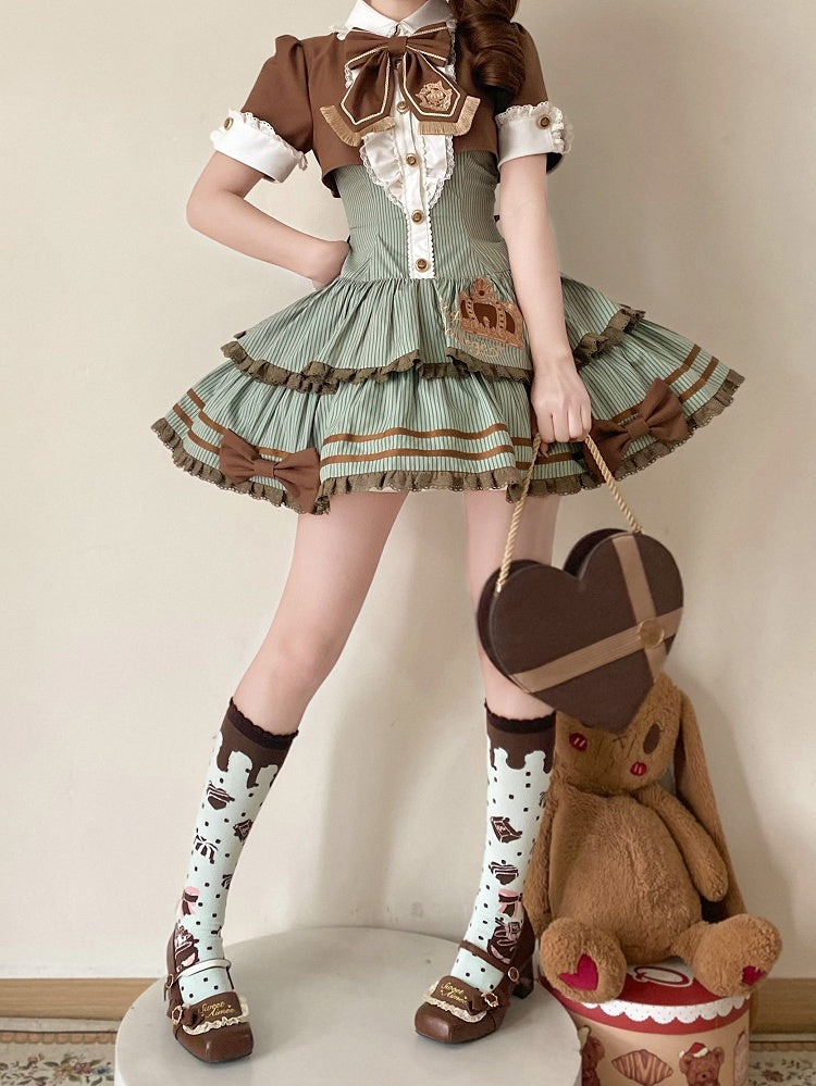 Green and Brown Preppy Striped Two-Piece Gown with Crown Embroidery - Fairy Faith