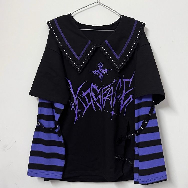 with in Sleeves Purple Pointed Black Top Graphic Contrast Striped White / Sailor Collar