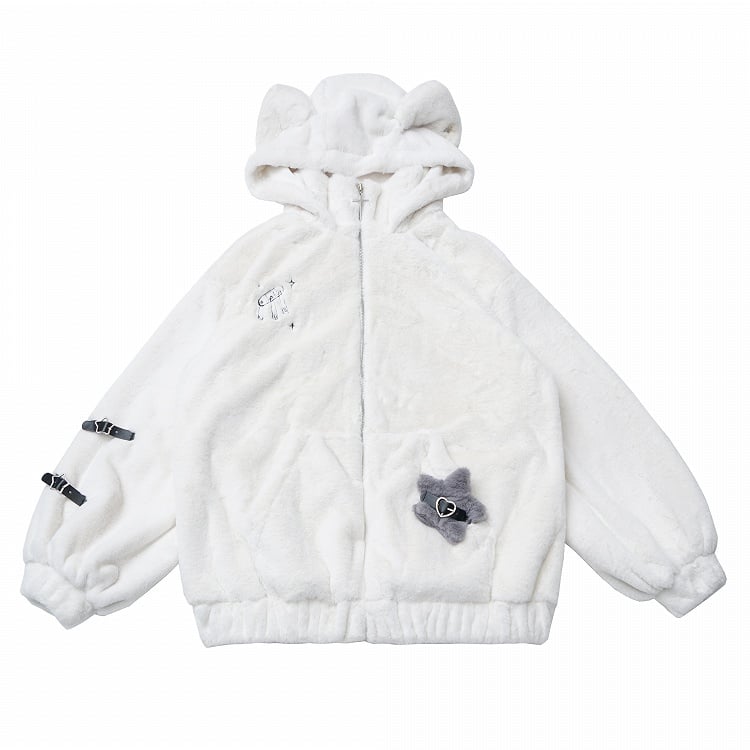 Hooded with Bear Ear Plush Embroidery Black/White Buckle Strap and Lined Pin Accents Coat
