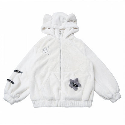 Hooded with Bear Ear Plush Embroidery Black/White Buckle Strap and Lined Pin Accents Coat
