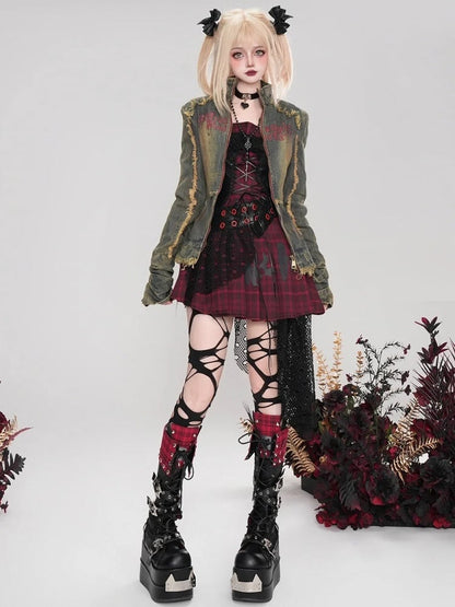 パンクグレーレタープリントディストレストリムスリムフィットデニムジャケット