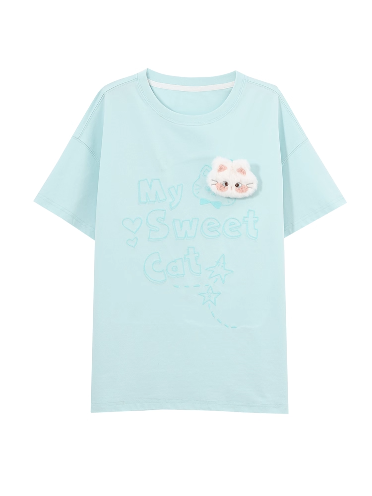 Pink/Mint T-shirt Kitty Plushie Round Neck Kitty Print Loose Blue with