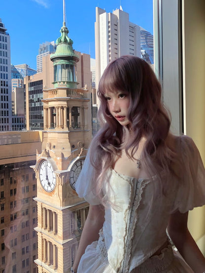 Apricot Puff Lace-Up Romantic Back Top Sleeve with