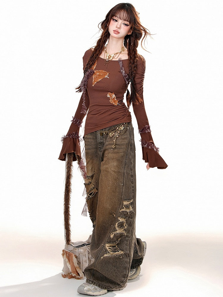 Braunes Mesh-Top mit Rüschendetail, geraffter Taille und Glockenärmeln