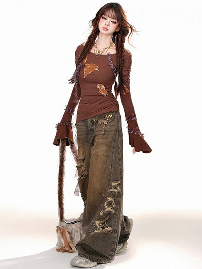 Braunes Mesh-Top mit Rüschendetail, geraffter Taille und Glockenärmeln