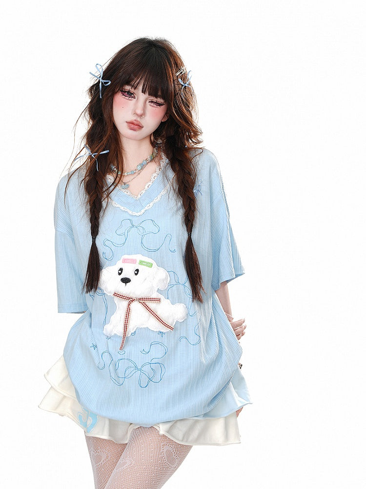 Loose Yume Adorable Puppy Pattern White/Blue T-Shirt Kawaii