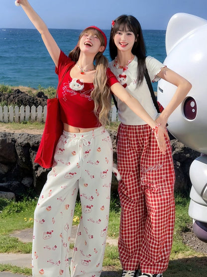 レースアップバック プラッシュキティ レタスヘム ホワイト Tシャツ