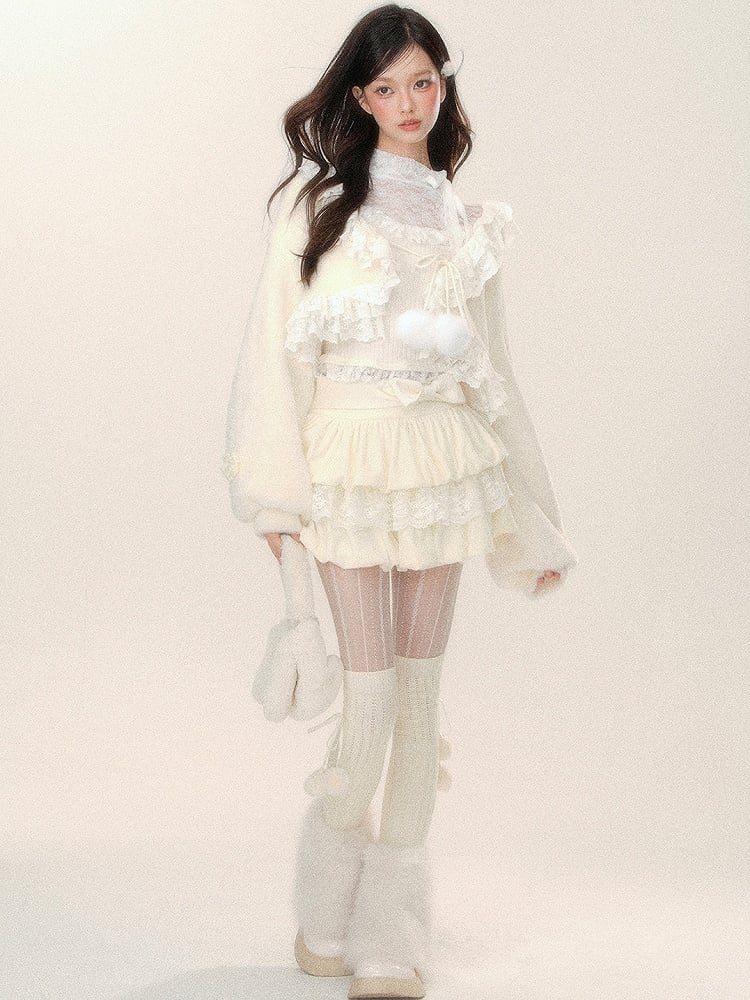 Aprikosenfarbener kurzer Plüsch-Cardigan mit selbstbindenden Trägern und Spitzenbesatz