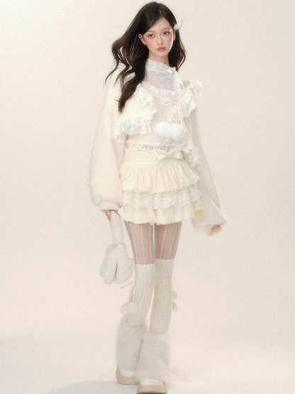 Aprikosenfarbener kurzer Plüsch-Cardigan mit selbstbindenden Trägern und Spitzenbesatz