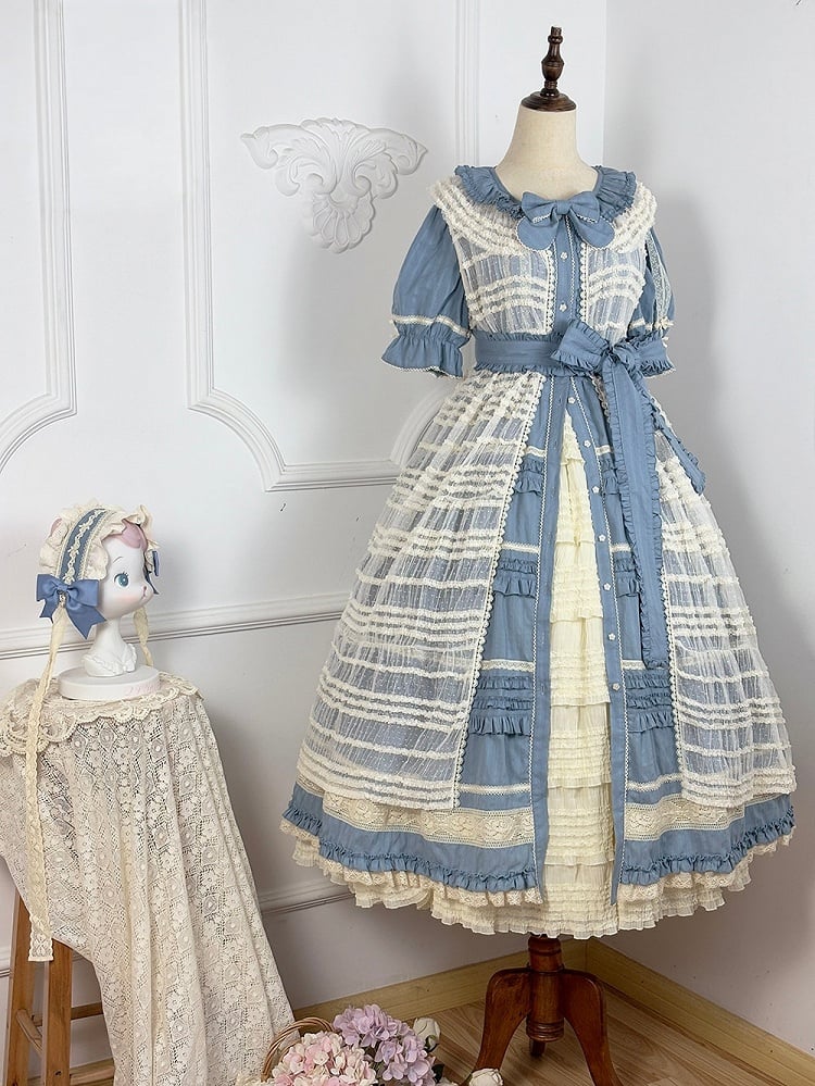 Blue Layered Ruffles Elegant Lolita Dress Front Button Placket - Miss Point