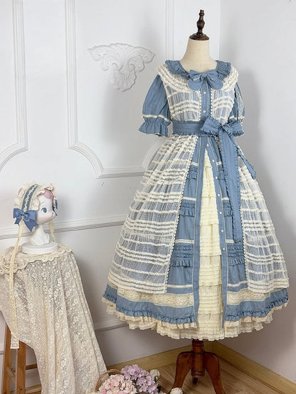 Blue Layered Ruffles Elegant Lolita Dress Front Button Placket - Miss Point