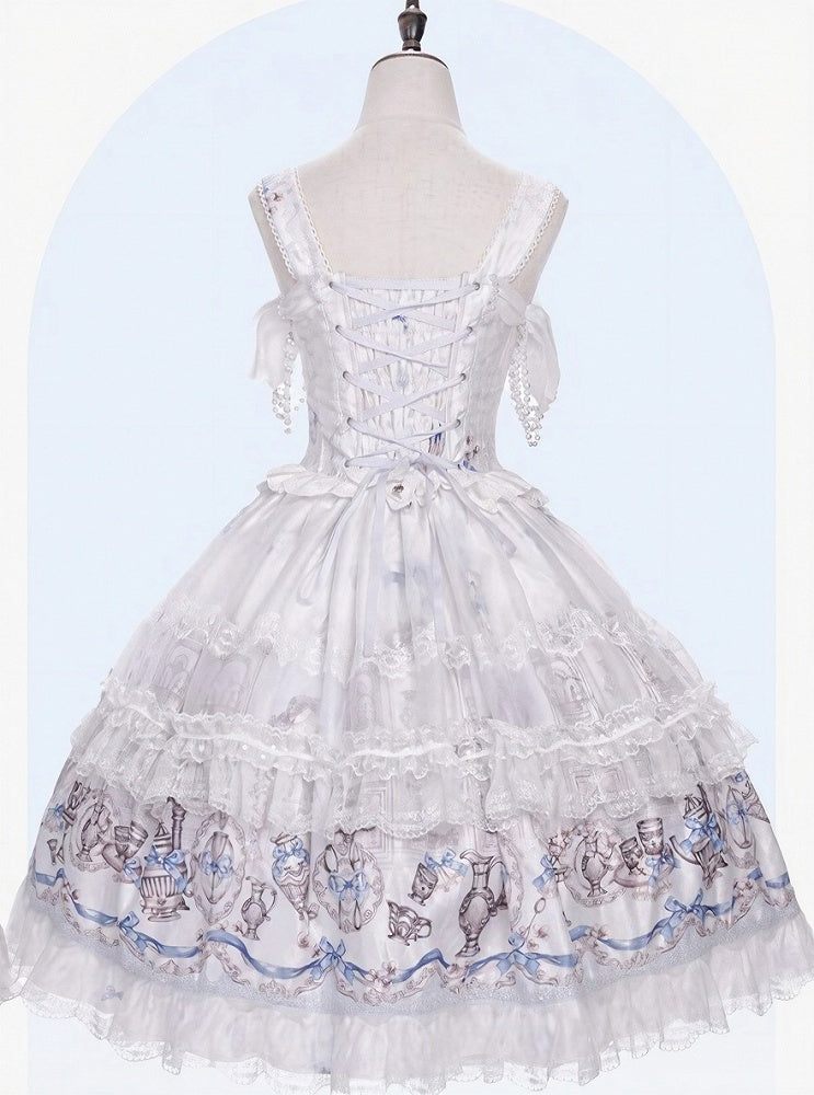 White & Blue Antique Print Elegant Lolita JSK Dress - Meng Fu Zi