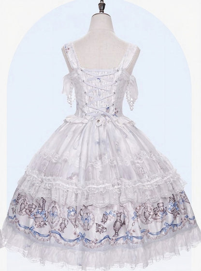 White & Blue Antique Print Elegant Lolita JSK Dress - Meng Fu Zi