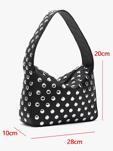 Edgy Black Studded Wide-Strap Shoulder Bag