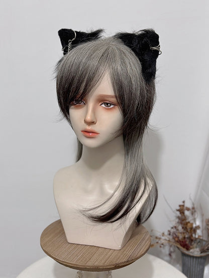 ブラック 45cm 王子前髪 オンブル ストレート グレー スタイル付き 長さウィッグ