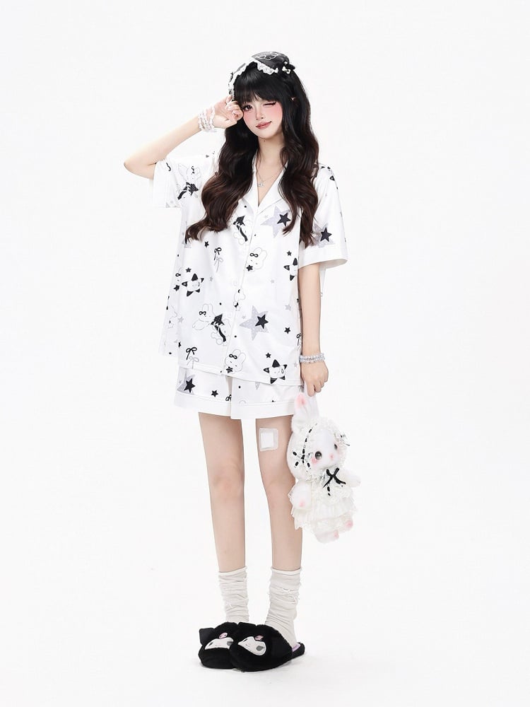 White Daily Kawaii Bunny Print Loungewear Set Short Sleeve Top Shorts - CRAZY GIRL
