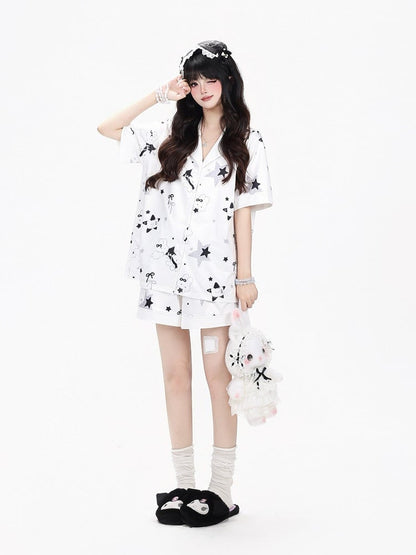 White Daily Kawaii Bunny Print Loungewear Set Short Sleeve Top Shorts - CRAZY GIRL