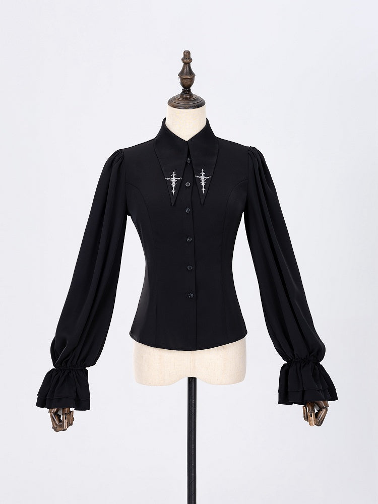 Foldover Pointed Collar Shirt with Embroidered Cross Motif - DevilInspired Exclusive Collection