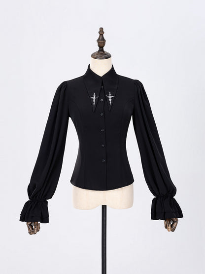 Foldover Pointed Collar Shirt with Embroidered Cross Motif - DevilInspired Exclusive Collection