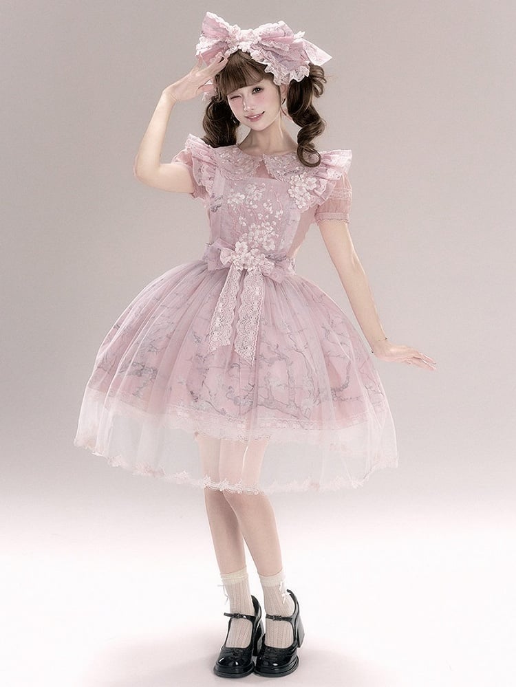 Pink Flutter Sleeve Floral Embroidery Lolita Overlay Dress with Bow and Lace - Yimu Walnut