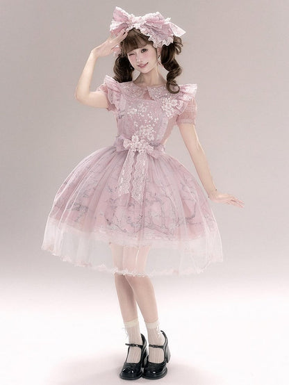 Pink Flutter Sleeve Floral Embroidery Lolita Overlay Dress with Bow and Lace - Yimu Walnut