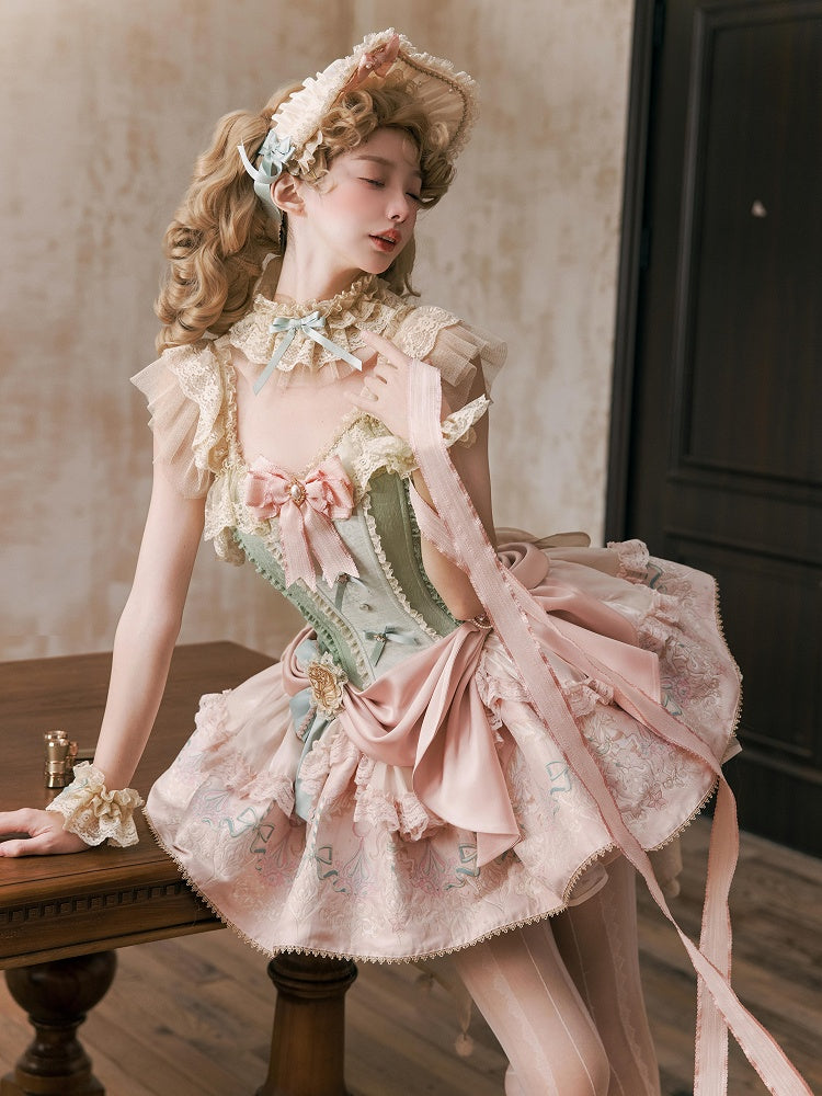Green Jacquard Boned Bodice Pink Carousel Pattern Skirt Lolita Dress with Big Bow Train