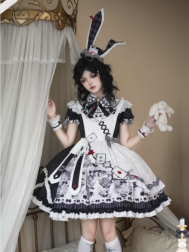 Sweet Lolita Apron Dress OP Full Set with Bunny & Teapot Print in Black and White - Ying Luo Fu