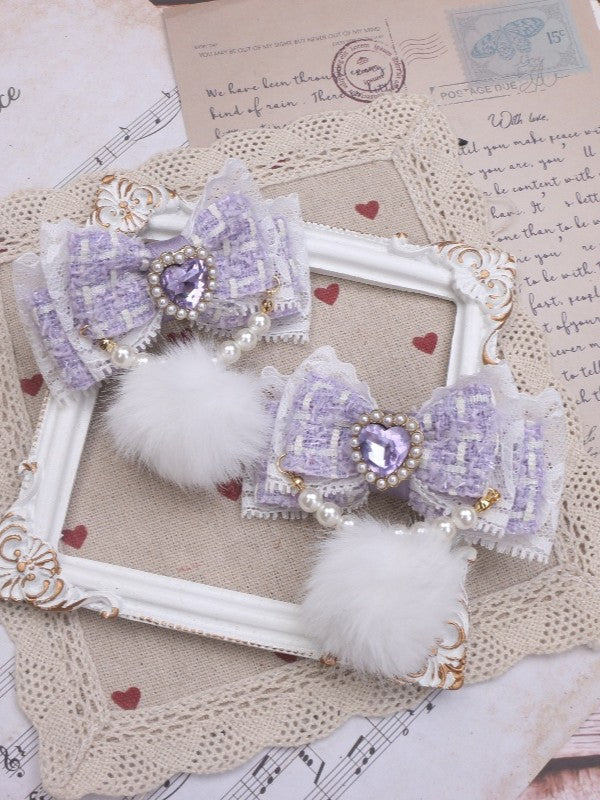 Rhinestone Color Hairclip Bowknot 7 Pearl With Kei Pom-Pom Jirai Heart Options Chain