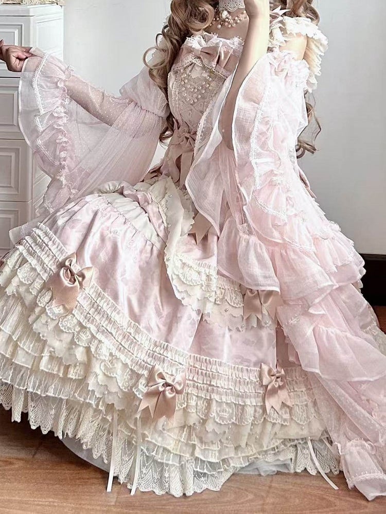 Blouse Off-the-Shoulder Classic Lolita Elegant Pink Bell Sleeves