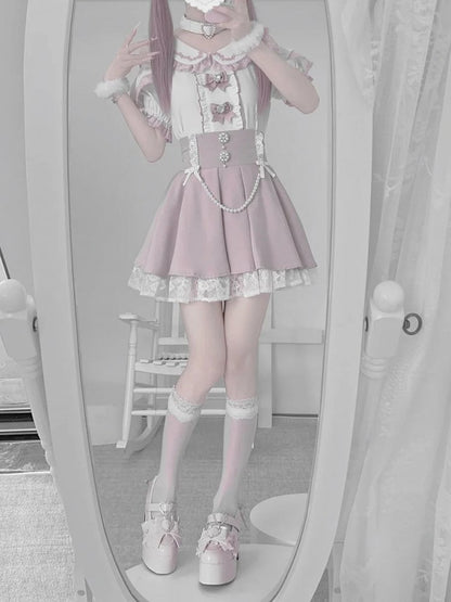 Chain Detachable Pink Skirt Round with Tiered Rhinestone Jirai and High Beaded Waist Kei Accents