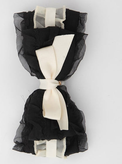 Beige Bow Sweet Charm Hairclip Lolita Ruffled shaped Black Droplet Bead with