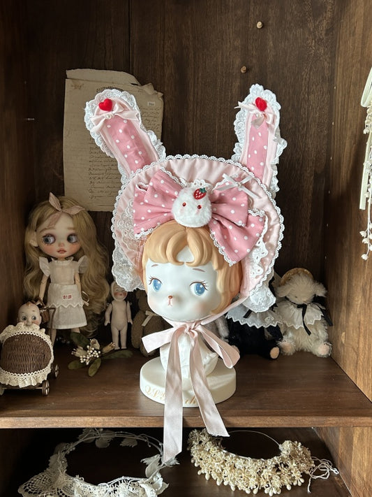 Lolita Pink with Bonnet Decoration Cute Polka Bow Bunny Ear Dot Lace