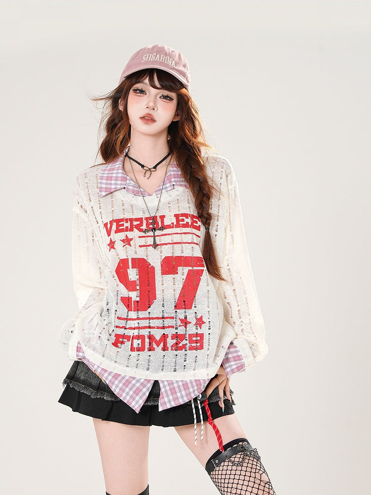 Faux Gray/White Holes Two-pieces Distressed Coverup Plaid Hem