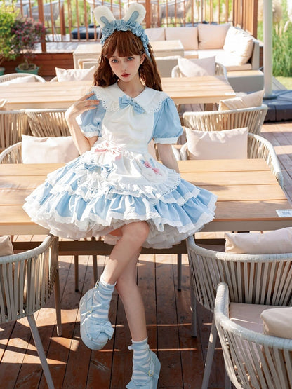 Theme White Ruffles Bunny Tiered Maid Dress and Lolita Blue