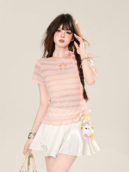 Scarf Star-shaped Cutout Pink Stripes Detail Glamorous T-Shirt with Free