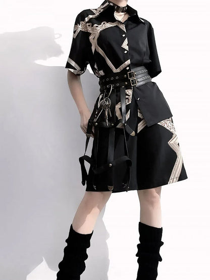 Asymmetrical Shorts Straight-leg Ouji Black Cut Print Lolita