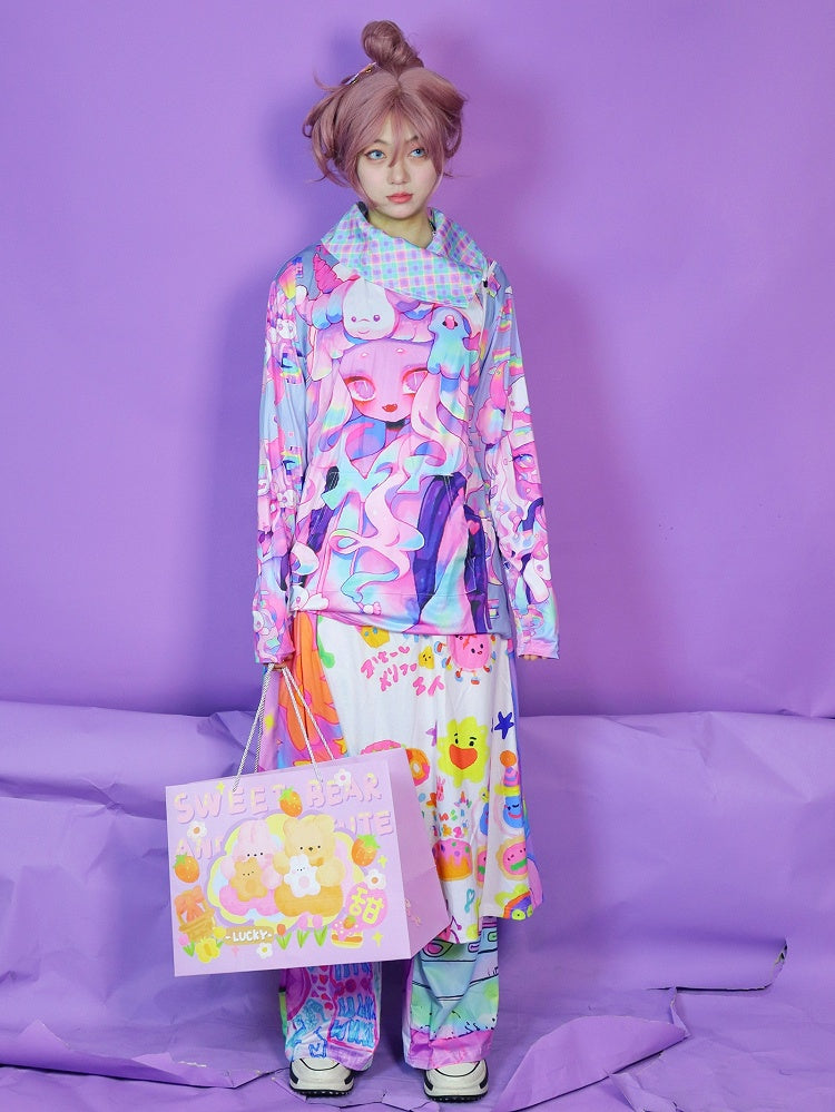 Cartoon Print Neck Top Turtle Oversized Colorful Pattern Long Plaid Sleeves Y2K