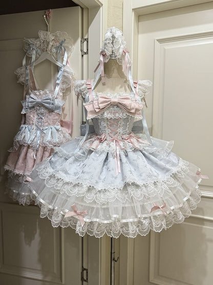 Jacquard Only Princess Dreamy Blue Train with Details JSK Ruffled Bow / Lace Dress Embossed + Lolita