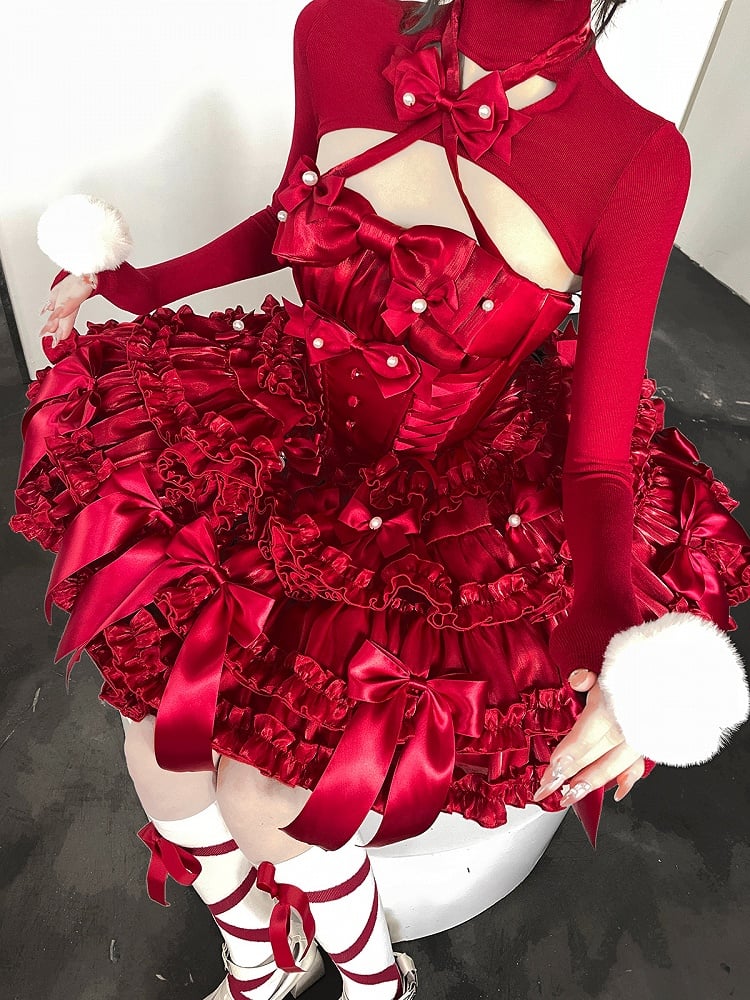 Rotes Weihnachtsoutfit, baskische Taille, Satinschleifen, trägerloses Puffkleid, kurzes Oberteil, komplettes Set