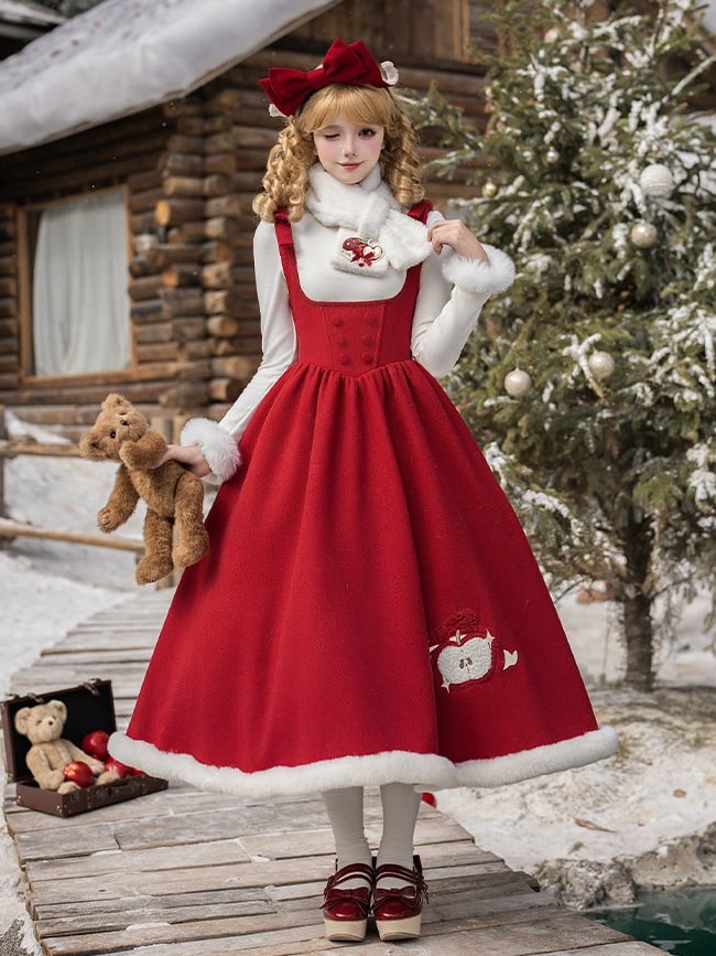 + Plush Scarf Bow Lolita KC Under Red Christmas Embroidered Bust Apple-Themed Brooch JSK