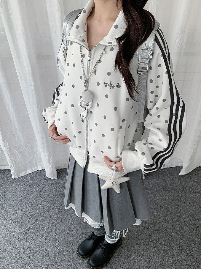 White Y2K Polka-Dot Zip-Up Jacket with Stand Collar & Striped Accents - Solkatt