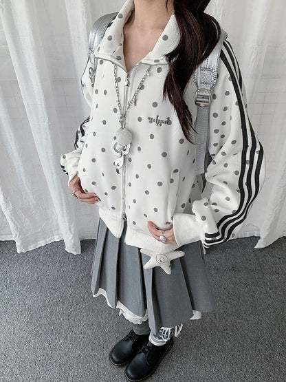 White Y2K Polka-Dot Zip-Up Jacket with Stand Collar & Striped Accents - Solkatt