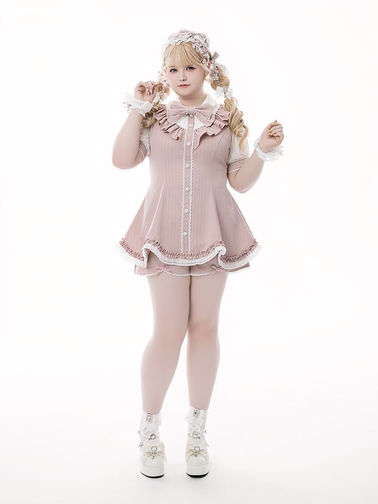 Set - Top Striped Brooch Scalloped Edge with Pink Kei Matching Shorts Bow Jirai
