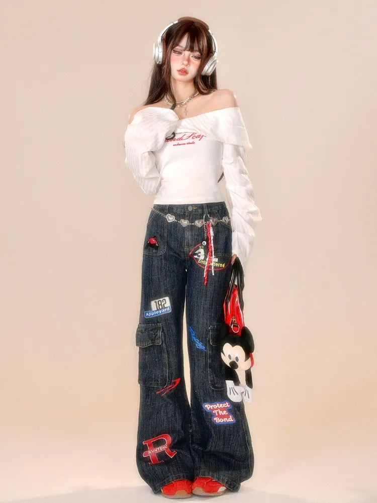 Cargo Jeans High Leg Dunkelblau Wide Street